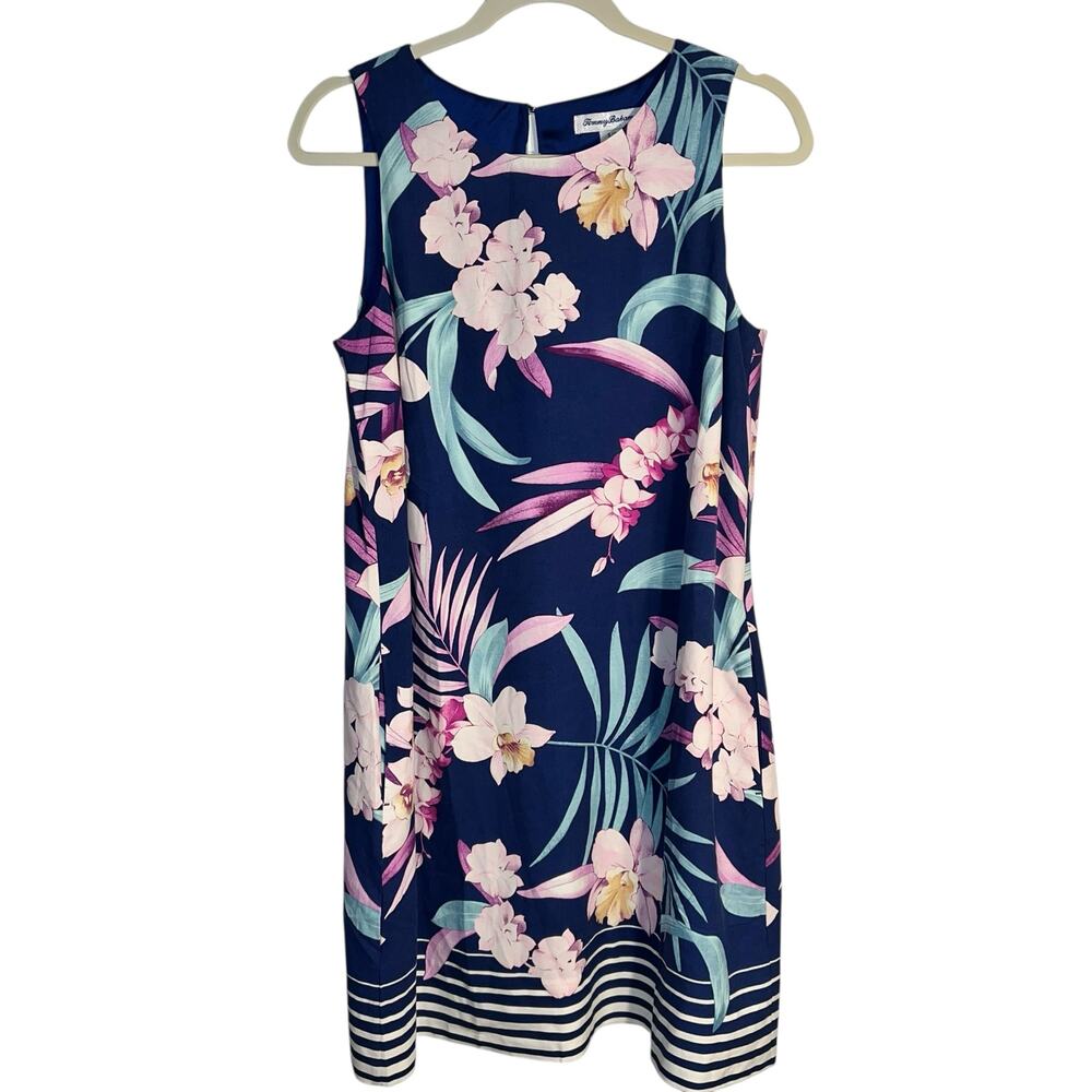 Tommy Bahama 100% Silk Sleeveless Tropical Floral Dress Navy Pink Size Small